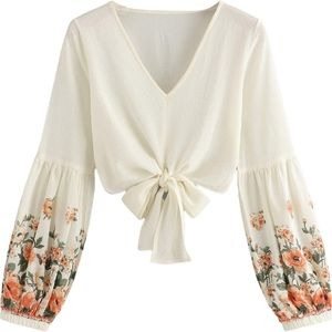 Verdusa Women's Floral Print Tie Front Bishop Sleeve Crop Top Chiffon Blouse NWT